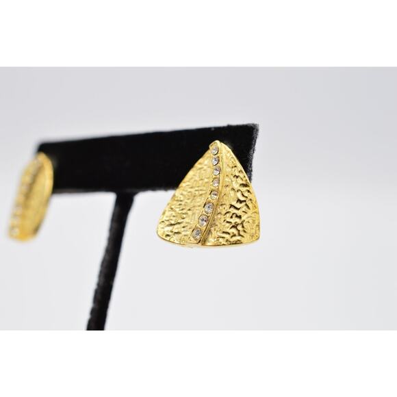 Vintage Pierced Earrings Brushed Gold Textured Rhinestone Shiny NOS 1980s BinAA - Picture 8 of 11